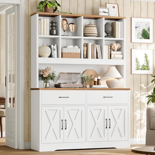 Image of TEENFON Bookshelf and Bookcase, 5 Tier Floor Standing Bookshelves, Large Bookcases with Drawers and Storage Cabinet, 8 Open Storage Shelves and Printer Stand for Study, Living Room, Office
