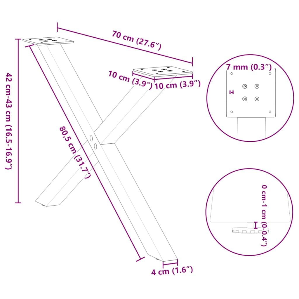 Nogi do stolika kawowego w kształcie litery X, 2 sztuki, stal naturalna, 70 x (42-43) cm, wytrzymały stelaż stalowy z regulowanymi nóżkami poziomującymi, zapewnia stabilność, nowoczesne