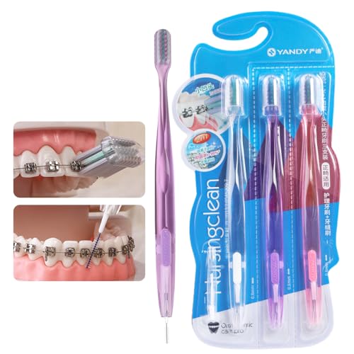 YANDY Concave Orthodontic Toothbrush for Braces Brackets, Pack of 3,Tail Self-Contained Interdental Brush, Soft Bristles