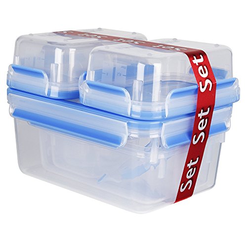 EMSA Clip & Close Frischhaltedose, rechteckig, 0,15 u. 0,2 u. 0,55 u. 0,55 u. 1,00 u. 2,20 L, Aufbewahrungsbox, 100 Prozent dicht, spülmaschinen-, gefrier-, mikrowellenfest, Transparent, Blau, 515562