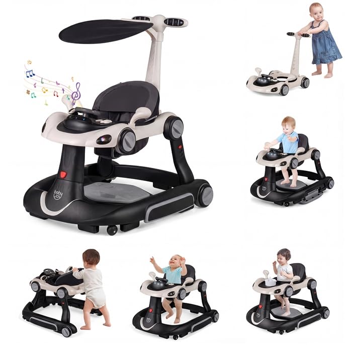 COSTWAY 7 en 1 Andador Bebes con Capota, Tacata Bebe Plegable con Altura y Velocidad Regulables con Modo Mecedora, Música, Luces y Diseño Antivuelco,Caminador para Bebe de 7-18 Meses (Negro y Blanco)