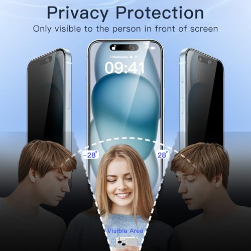 Image of JETech Privacy Screen Protector for iPhone 15 Plus 6.7-Inch with Camera Lens Protector, Anti-Spy Tempered Glass Film, Easy Installation Tool, 2-Pack Each
