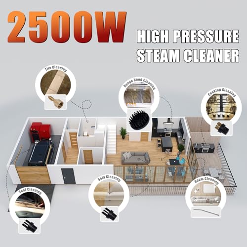 2500W Steam Cleaner for Home, High Pressure Handheld Steam Cleaner with 10FT Cords and 6-gears Adjustable, Portable Steamer for Cleaning Car Upholstery Tile Grout Home
