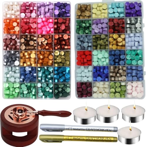 Aotpbb Wax Seal Kit, 48 Colors 1258 Pcs Sealing Beads with Melting Pot, Spoon, Metallic Pen Tea Light Candles, Wax Seal Stamp Kit for Wedding Invitation, Gifts, Envelope, Letter Stamp Sealing