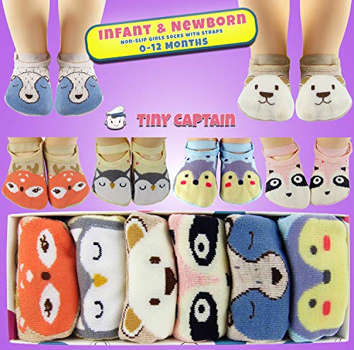 Baby Toddler Girls Grip Socks - Anti Slip 1 Year Old Girls Gift Cartoon 1-3 Yr Old Strap Non Skid Cotton Sock From Tiny Captain (Pink, Blue, Grey, Tan)