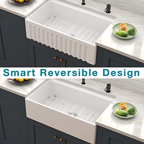 Celaeno 33 Inch White Farmhouse Sink, Fireclay Porcelain Single Bowl Apron-Front Workstation Sink, Reversible Ceramic Farm Sink With Various Accessories #TOP2