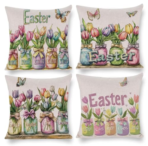 クッションカバー 50x50cm 亜麻 装飾枕カバー 4枚セット 北欧 おしゃれ 可愛い インテリア アクセント 部屋飾り ソファ 椅子 車内 ベッド ソファー用クッションカバー 抱き枕カバー ソファ背当て 装飾枕カバー 座布団カバー (チューリップの花瓶