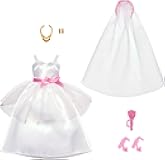 Clothes Set, Fashion & Accessories Pack for Barbie Dolls, Bridal Theme with Wedding Dress, Veil, Bouquet, Shoes & Jewelry