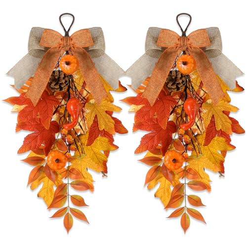 Shihanee 2 Pack Fall Teardrop Swags 20 Inch Autumn Rustic Artificial Swags with Maple Leaves Pumpkin Berries Burlap Bow Teardrop Hanging Decoration for Front Door Fall Decorating