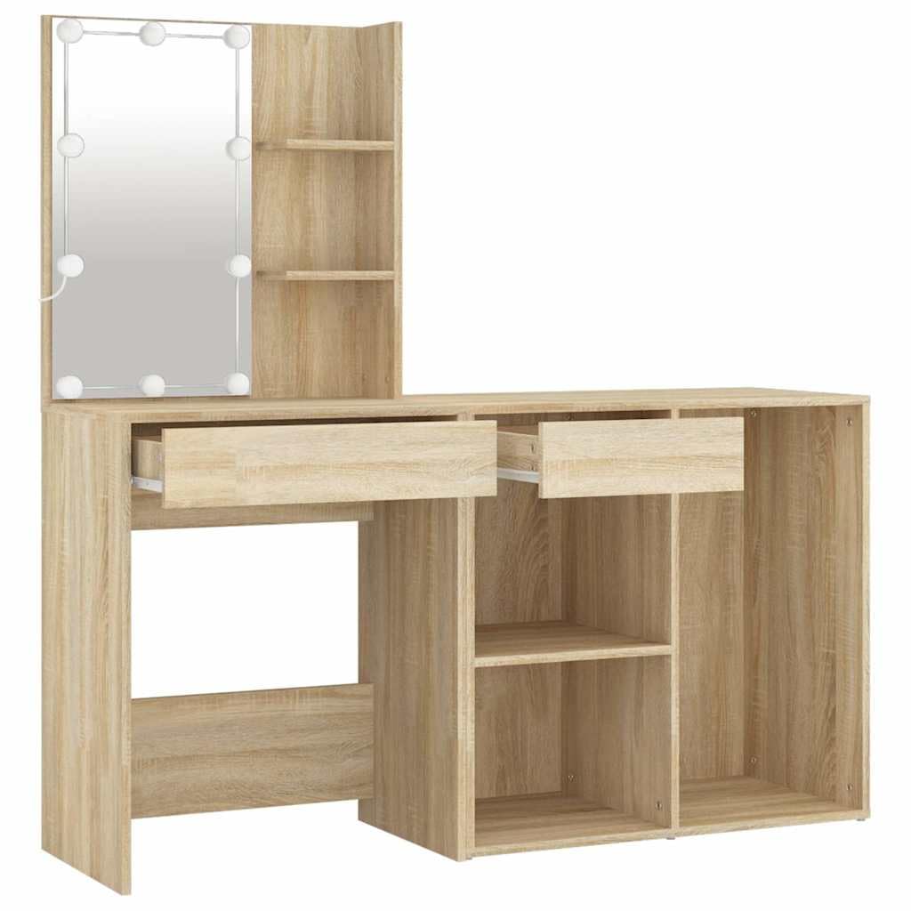 Toaletka LED z szafką dąb Sonoma materiał drewnopochodny 60 x 40 x 140 cm, toaletka z oświetleniem LED i USB, schowek z szufladami, szafka pod lustro do sypialni i łazienki