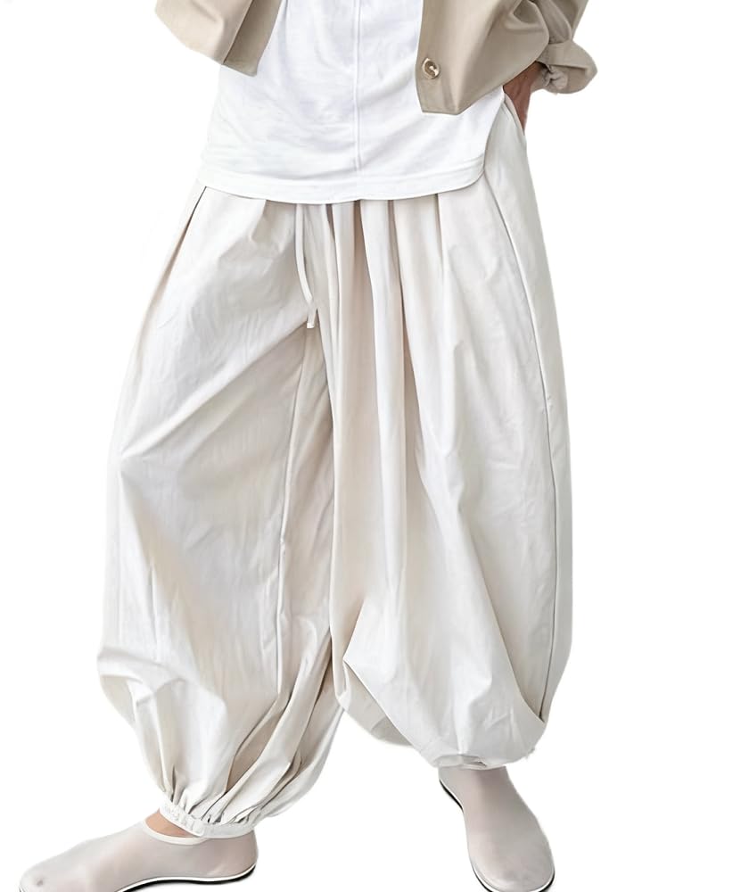 Women Balloon Pants Wide Leg Pantaloons Drawstring Elastic Waist Puffy Lantern Bubble Harem with Pockets