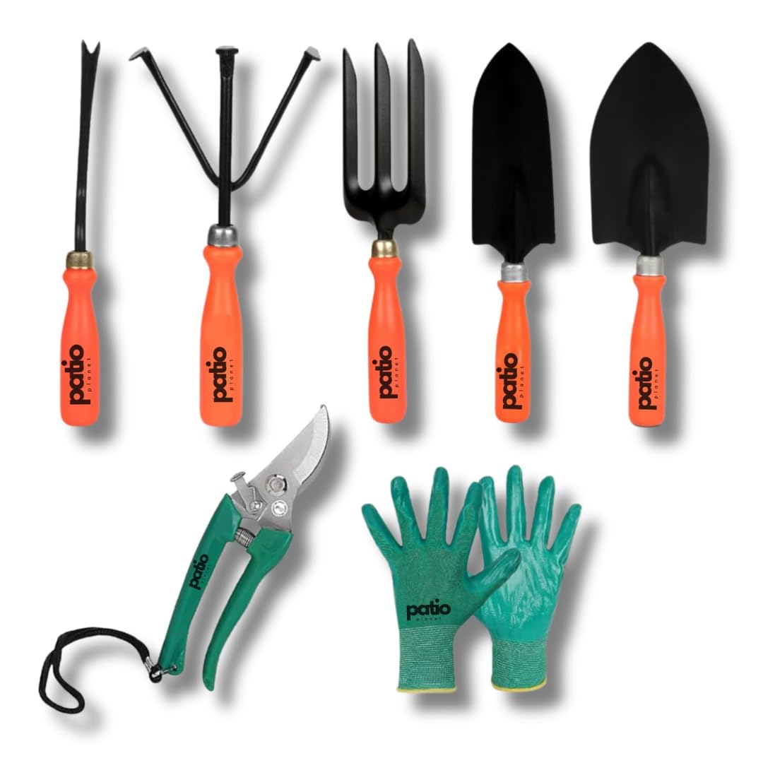 Patio Planet Gardening Tools Kit - 7 Pcs (Cultivator, Fork, Trowels, Weeder, Garden Gloves, Pruner Cutter) | Gardening Tools Set for Home | Indoor and Outdoor Gardening (B0D6BTRVYC) Amazon Price History, Amazon Price Tracker