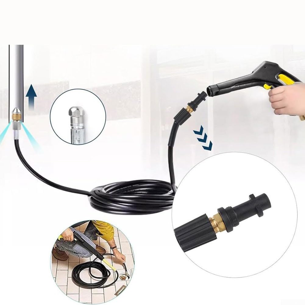 DAZZLEEX Juego de manguera de limpieza de tuberías de alta presión de 10 m, limpiador de drenaje de PVC de 180 bar con boquillas giratorias y chorro, compatible con modelos K2-K7 para limpiar drenaje