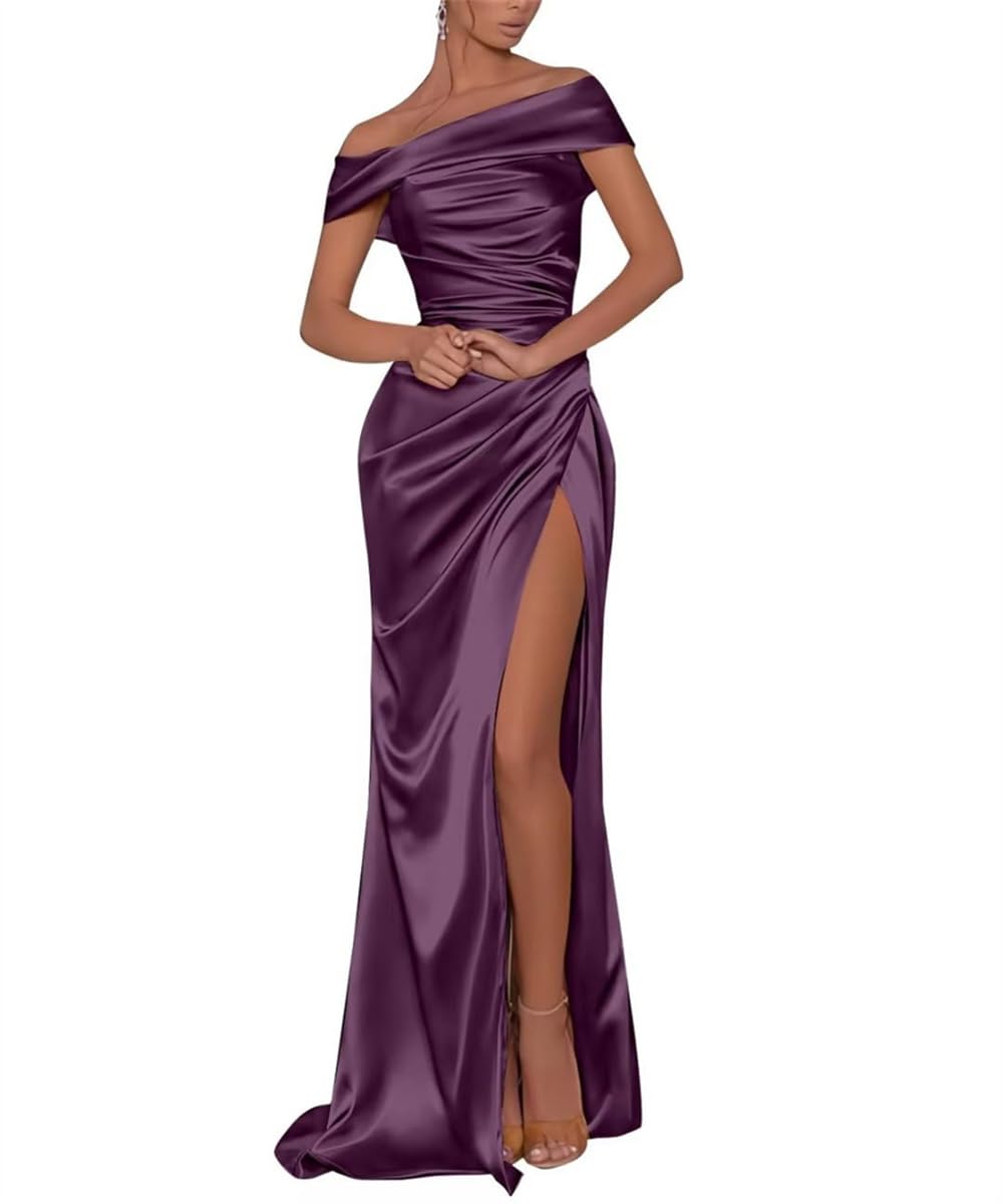 WSEYU Mermaid Satin Bridesmaid Dresses for Wedding Off The Shoulder Prom Dresses Long with Slit Peacock UK12