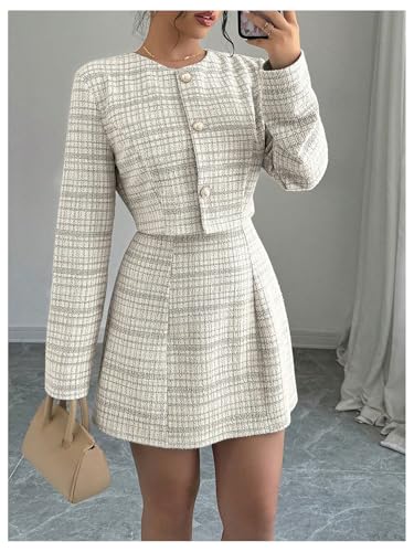 Image of SOLY HUX Women's 2 Piece Outfits Plaid Long Sleeve Button Down Cropped Jacket and Sleeveless Mini Dress Sets