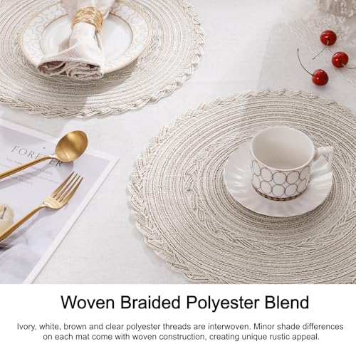 Image of SHACOS Round Placemats Set of 6 Boho Braided Bordered Place Mats 15 inch for Dining Tables Wedding Holiday Party (Ivory Bordered, 6)