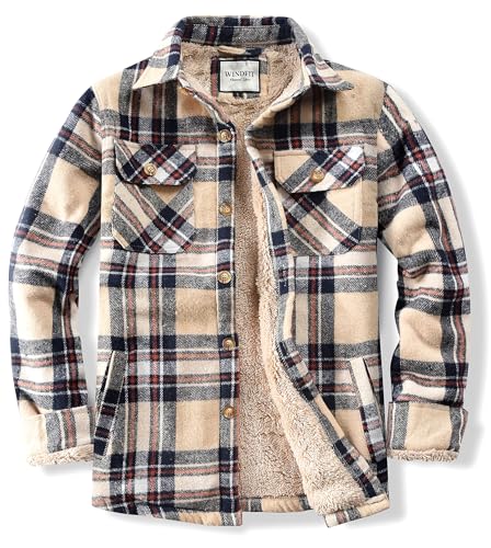 WINDFIT Flanell-Hemdjacke für Herren, Baumwolle, Sherpa-Futter, Knopfleiste, kariert, weich, Outdoor-Flanelljacke, Khaki-Block, 3X-Groß