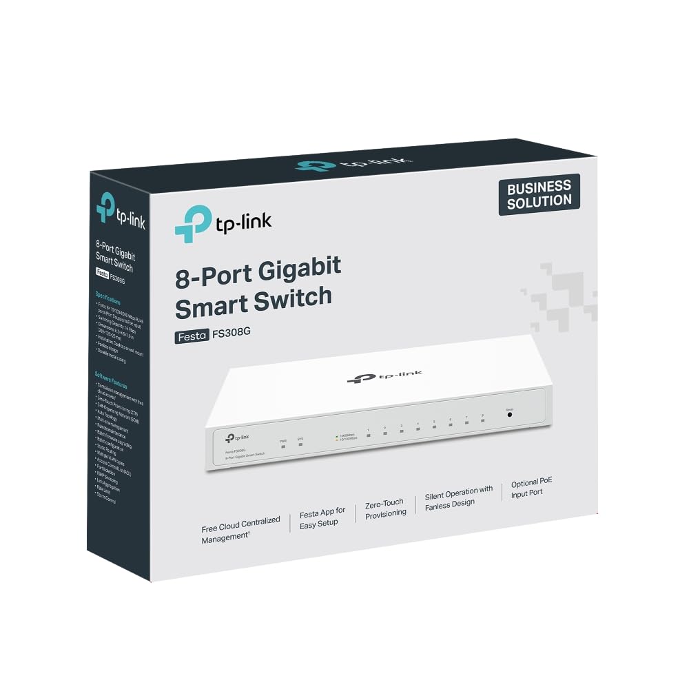 TP-Link Festa FS308G Switch Intelligent Gigabit à 8 Ports, Gestion du Cloud, Fonctionnement Silencieux, Optimal pour Les PME et Les Bureaux, optimisation du réseau, QoS avancé