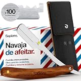 Navaja Afeitar Barbero de Sapiens Barber Shop - Navaja de Afeitar Profesional para Barba con 100 Cuchillas de Afeitar Derby y Funda Protectora - 1 Año de Afeitado - Navaja Barbero Wood Edition