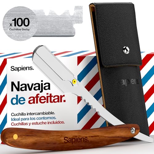 Sapiens Barbershop Navaja Afeitar Hombre - Navaja de Barbero Profesional para Barba + 100 Cuchillas de Afeitar Derby + Funda Protectora - Cuchilla de Afietar Hombre