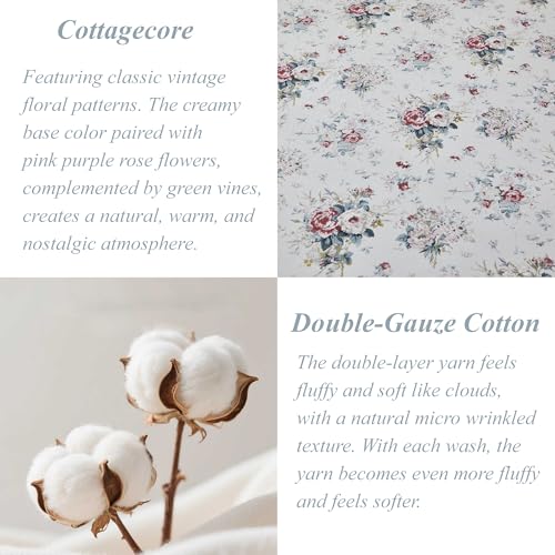 Image of FADFAY Rose Sheets Set King Pink and Blue Floral Bedding Rustic Botanical Flower Bed Sheet Set, Soft & Breathable Muslin All-Season Sheets