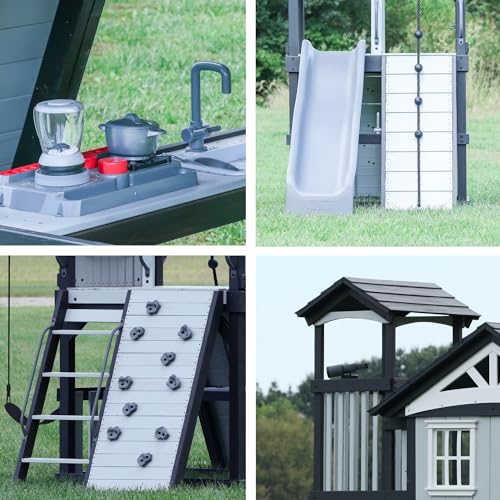 Backyard Discovery Whispering Point Light Gray Cedar Wood Swing Set with Wave Slide, Clubhouse, Crows Nest, Play Kitchen, Belt Swings, Web Swing, Rock Wall, Playhouse, Ladder, Windows, Outdoor Playset - image 4