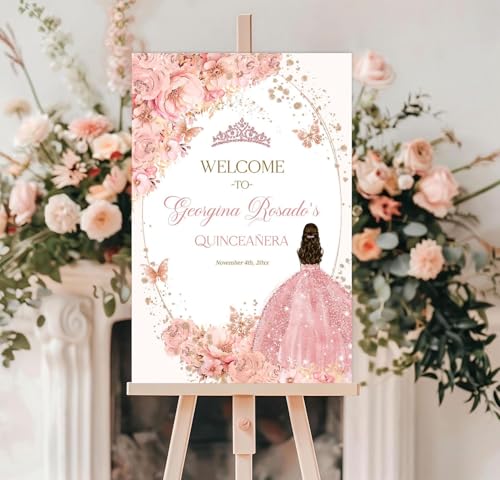 Quinceanera Welcome Sign, Personalized Floral Butterflies Rose Gold Crown, Custom