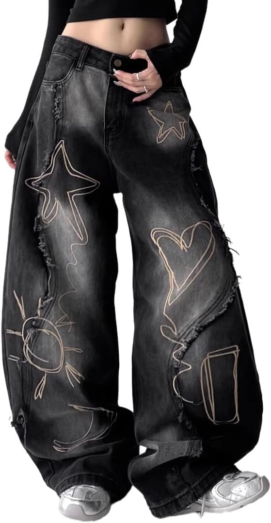 Unisex Y2K Graffiti Baggy Jeans – Vintage Wide Leg Oversized Streetwear Denim Pants with Star Heart Print