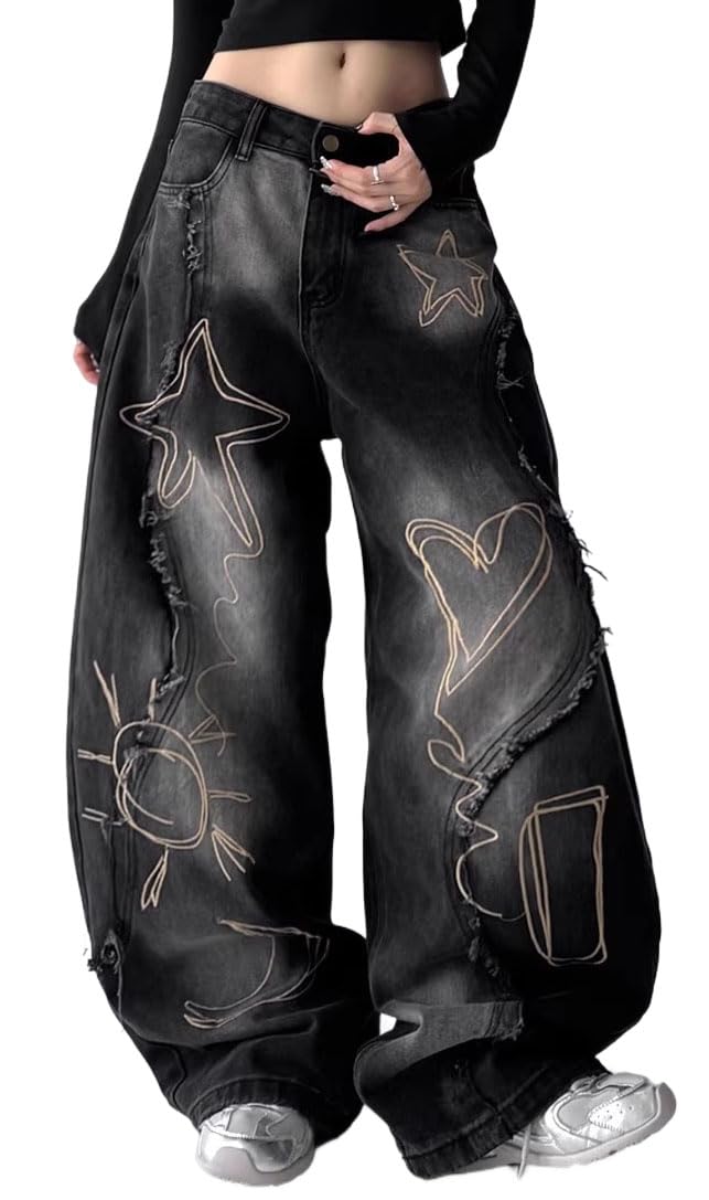 Unisex Y2K Graffiti Baggy Jeans – Vintage Wide Leg Oversized Streetwear Denim Pants with Star Heart Print