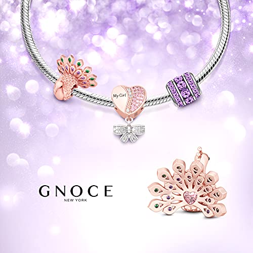 GNOCE "New Beginning And Eternal Life Rose Gold Plated Gorgeous Peafowl Charm With Emerald And Amethyst Stones 925 Sterling Silver Peacock Bead Charm Pendent Crystal Fit Snake Chain Bracelet Necklace4