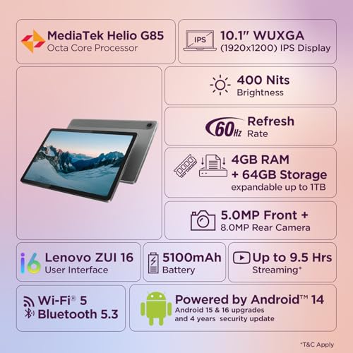 Image of Lenovo Tab | 10.1 inch Display | Wi-Fi Only | 4 GB RAM + 64 GB ROM (Expandable up to 1 TB) | Metal Body | Dual Speakers with Dolby Atmos | Android 14 | Color: Luna Grey