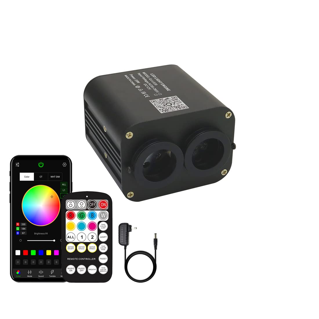 AZIMOM Dual Color 20W Fiber Optic Light Source RGBW Light Box Engine Diver Bluetooth/RF Remote Control Music Sensor Mode for Car/Home Star Ceiling Effect Decoration