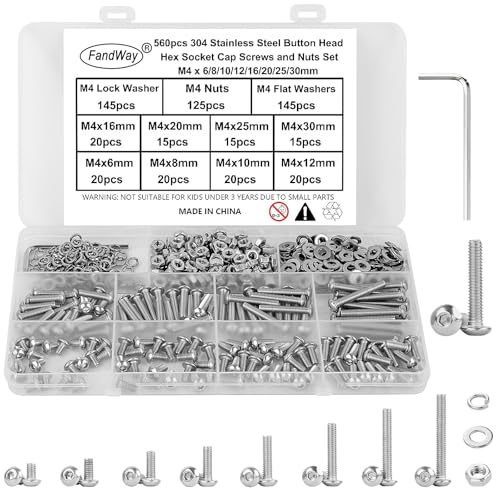 Set di viti FandWay M4, 560 pezzi viti a testa bombata con esagono interno, viti a testa tonda, viti esagonali in acciaio inox 304, viti per macchina, dadi e rondelle con 1 chiave.