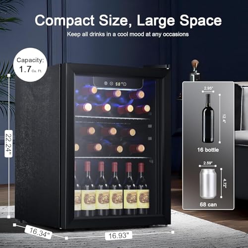 Image of Antarctic Star Wine Cooler, Beverage Refrigerator, 16 Bottle Freestanding Quiet Wine Cellar Front Glass Door for Home and Bar, 1.7 Cu.Ft.