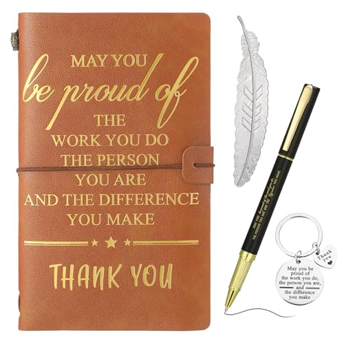 Candcamp Employee Appreciation Thank You Gifts,A5 Inspirational Notebook and Pen Set Leaving Gifts for Men,Leather Notebook Friendship Leaving Gifts with Bookmarks and Keychain(Brown)