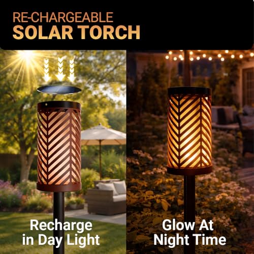 Image of Deco Window Solar Lights Outdoor 2 Pack LED Flame Torches with Flickering Flame Effect, Solar Powered Pathway Lights for Patio, Lawn, Porch, Walkway, Driveway, and Garden.