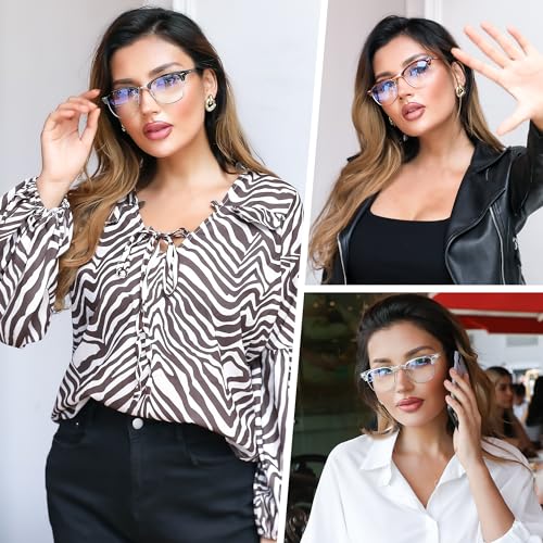 Image of Przene Blue Light Blocking Glasses for Men Women Retro Round Semi Rimless UV400 Computer Eyewear 3-Pack Black /leopard /transparent
