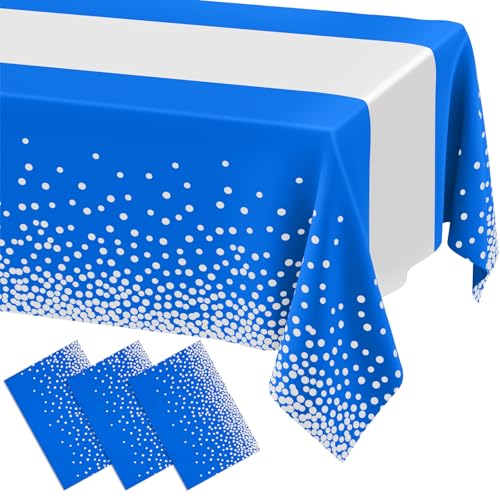 Image of Smiry Plastic Table Cloth Disposable 3 Pack, 54 x 108 Inch Rectangle Waterproof Tablecloth, Printed Gold Table Runner Style for Birthday Weeding, Party Decorations, Leakproof & Sturdy, Blue and Sliver