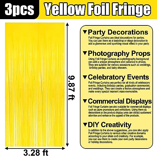 Image of 3 Pack Macaron Yellow Foil Fringe Curtain Backdrop, 3.28Ft x 9.8Ft Metallic Tinsel Foil Fringe Streamer Curtains for Photo Booth, Christmas Day, Thanksgiving, Wedding, New Year Party Decorations