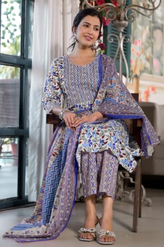 Image of MIRCHI FASHION Pure Cotton Women Straight Jaipuri Floral Print Kurti Set with Dupatta and Pant