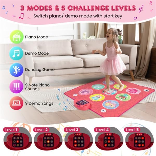 Pink Kids Dance Mat 3+ Years - 5 Difficulty Levels 9 Demo Songs Electronic Dance Pad, Non-Slip Safe Toddler Dance Game with Volume Control, Indoor Outdoor Motor Skills Toy Gift Girls Boys
