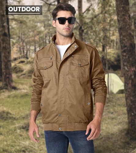 EKLENTSON Men's Cotton Windbreaker Jacket Military Zipper Bomber Cargo Outwear Jackets Coat, Khaki, XL - Image 4