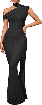 Isolde Women's One Shoulder Mesh Ribbon Ruched Formal Maxi Dress