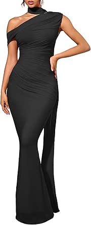 Isolde Women's One Shoulder Mesh Ribbon Ruched Formal Maxi Dress