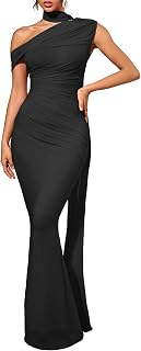 Women's One Shoulder Formal Evening Gown Built-in Bra Ribbon Elegant Bodycon Mesh Ruched Maxi Dress