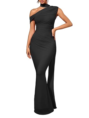 CurvySweet Isolde Women's One Shoulder Mesh Ribbon Ruched Formal Maxi Dress | Built-in bra, cascading tie, mermaid hem, curve-hugging fit, soft lining, stretch fabric for weddings, proms and celebrations - Small - Black