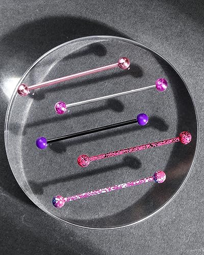 Jewseen 5PCS Pink Purple Acrylic Balls Industrial Barbell Splatter 316L Stainless Steel Bar Industrial Rings Piercing Body Jewelry3
