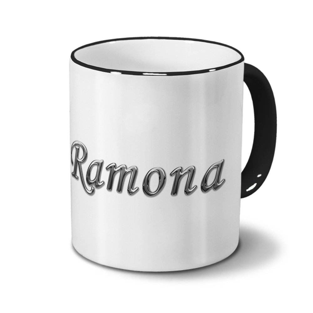Namenstasse Ramona – Motiv ‚Verrücktes Einhorn‘, Personalisierter Kaffeebecher 325 Ml
