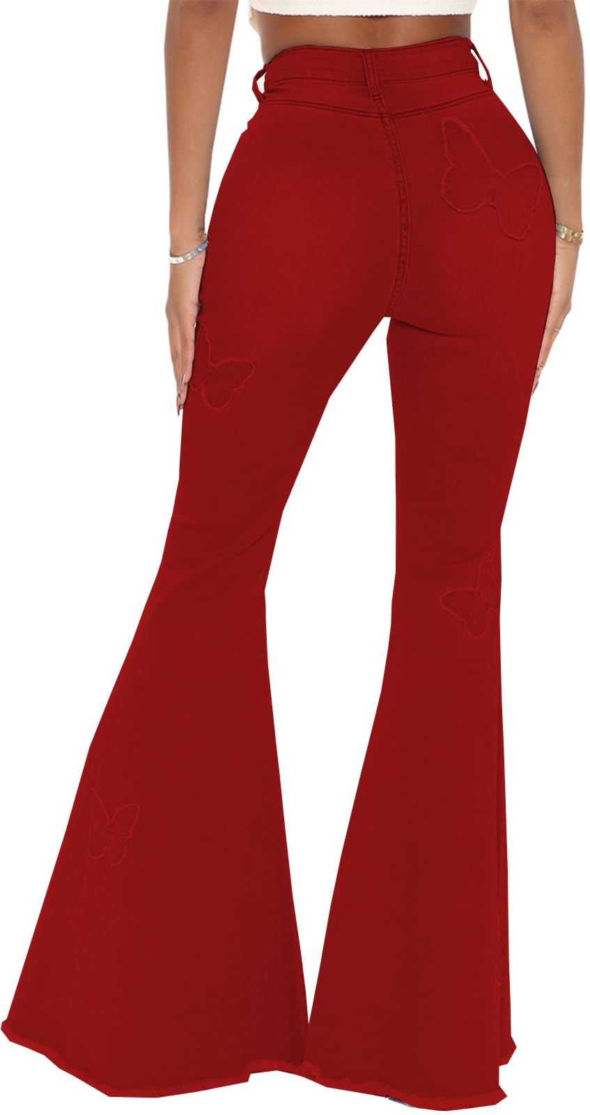 Women's Butterfly Bell Bottom Jeans Elastic High Waisted Embroidered Classic Flareed Jeans Raw Hem Denim Pants with Pocket