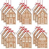 Quzzil 18 Pcs Christmas Gingerbread House Ornaments Wooden Gingerbread House Hanging Ornaments with Bows Wood Hanging Pendants for Home Xmas Tree Holiday Decor